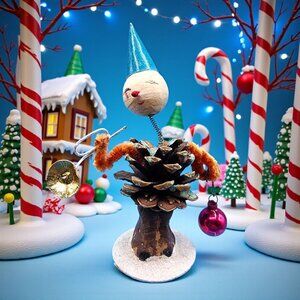 Vintage Bobblehead Elf Japan Pinecone Spun Cotton Foil Horn Mercury Glass 1950s